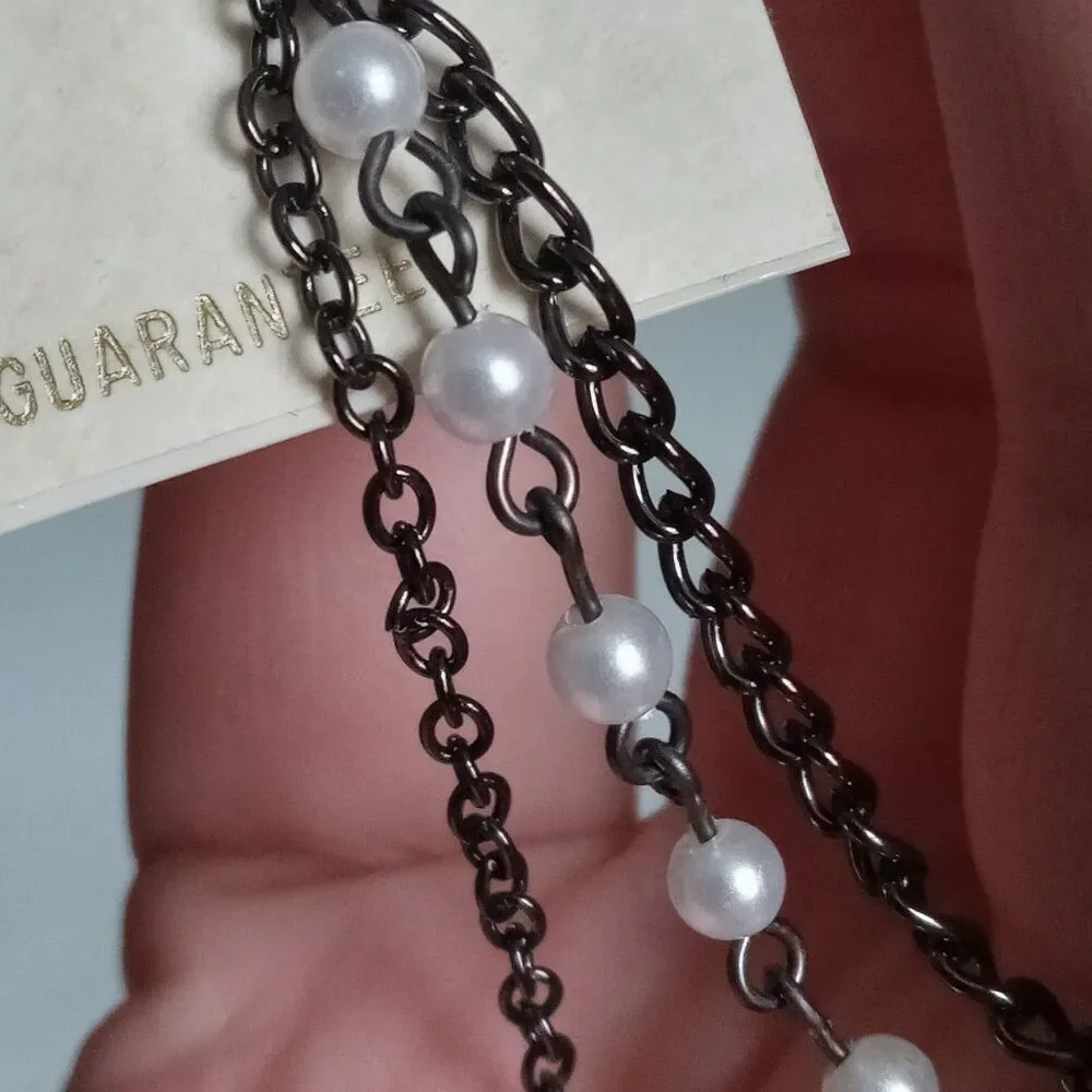 Impressions Gunmetal Gray and Silver Beaded Triple  Chain Dangle Drop Earrings
